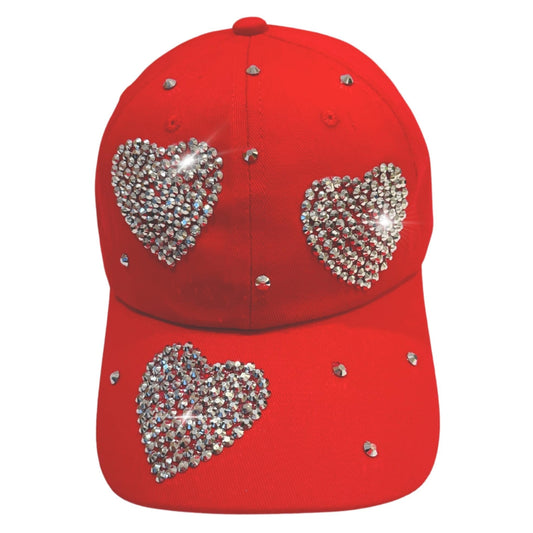 Popfizzy Rhinestone Baseball Cap for Women and Girls, Cute Bedazzled Hats, Shiny Bling Denim and Diamond Hat, Red Heart