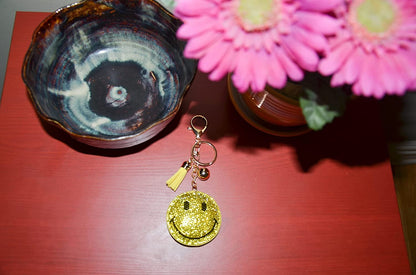 Yellow Smiley Face Keychain, Rhinestone Happy Face Purse Charm, Bling Backpack Key Fob, Crystal Bag Charms