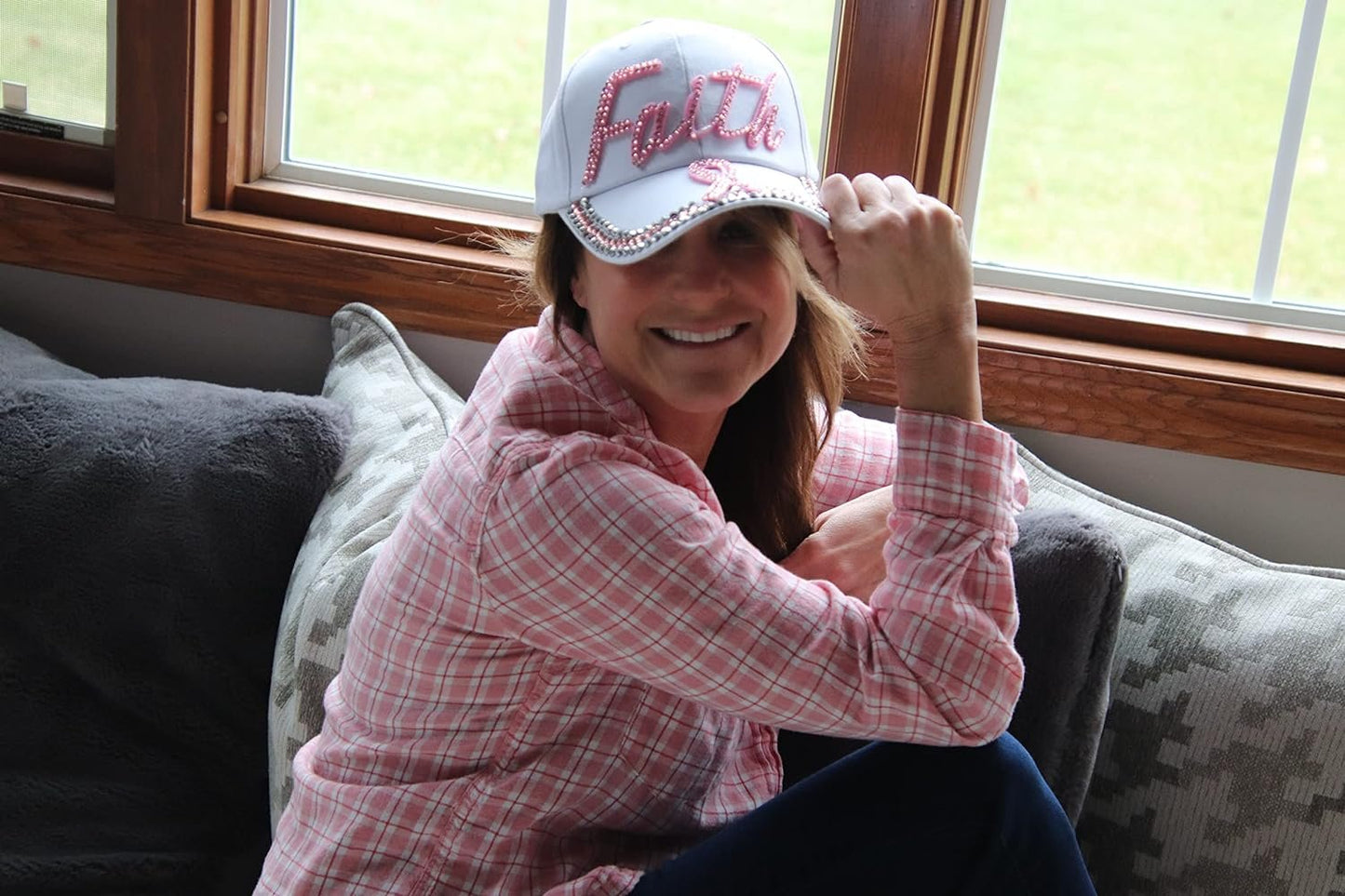 Popfizzy Women’s Faith Pink Ribbon Hat, Bling Adult Baseball Hat