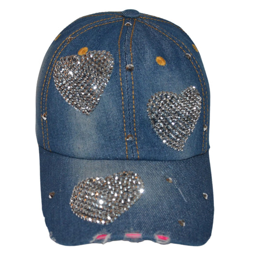 Popfizzy Bling Hat with Hearts for Women and Girls, Rhinestone Heart Hat, Bedazzled Baseball Caps, Fancy Bejeweled Hats, Distressed Denim Hat, Bling Gift for Women