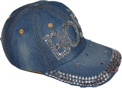 Popfizzy Bling Boss Hat for Women, Fun Rhinestone Baseball Cap, Bejeweled Distressed Denim Hat, Bling Gifts for Women