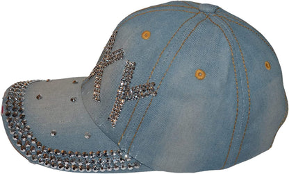 Popfizzy Womens Bling Cap, Rhinestone Baseball Cap, Bejeweled Distressed Denim Hat, Bling Gifts for Women
