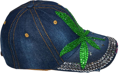Popfizzy Rhinestone Weed Hat, Women’s Bling Pot Leaf Hats, Marijuana Denim Baseball Caps, Cannabis Cap (Weed Leaf, Denim)
