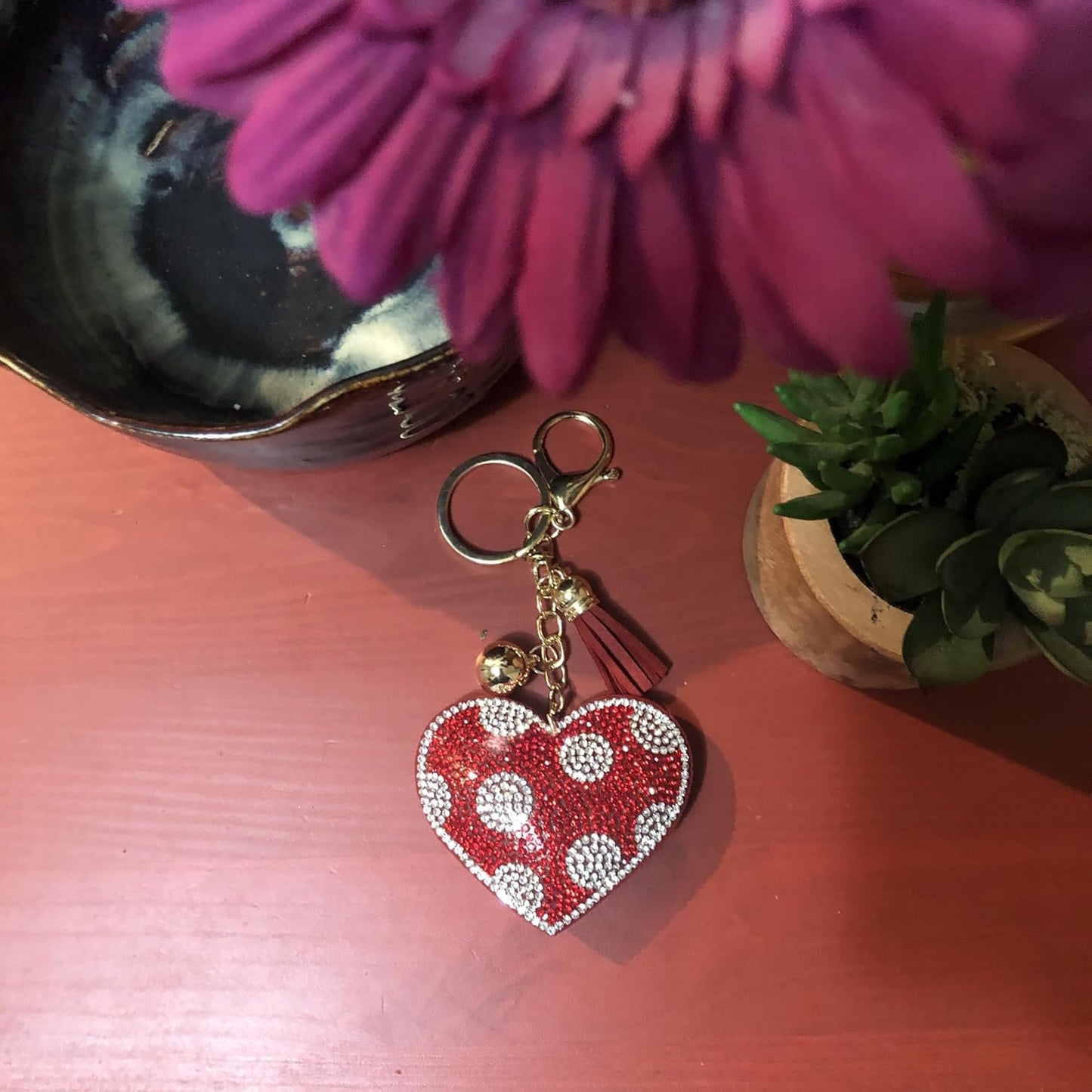 Popfizzy Bling Red Heart Keychain Accessories for Women, Rhinestone Love Heart Purse Charms for Handbags, Red Heart Gifts