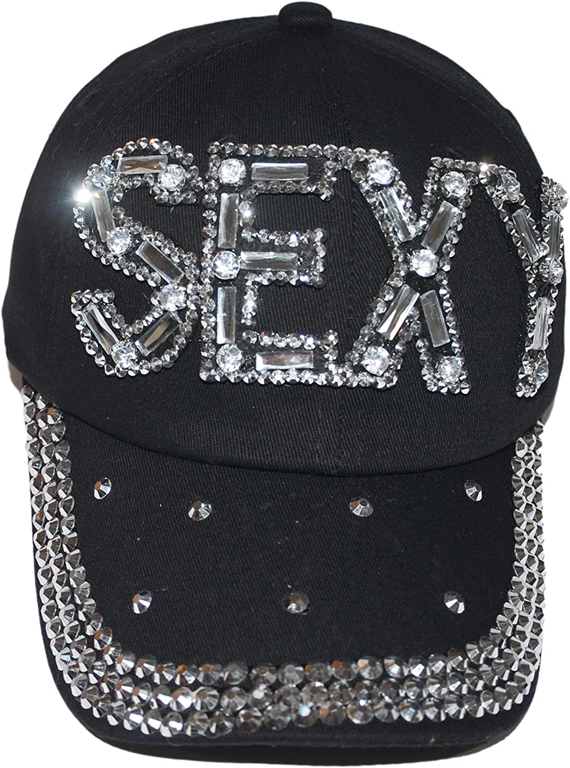 Popfizzy Womens Bling Sexy Cap, Rhinestone Baseball Cap, Bejeweled Distressed Denim Hat, Bling Gifts for Women