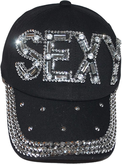Popfizzy Womens Bling Sexy Cap, Rhinestone Baseball Cap, Bejeweled Distressed Denim Hat, Bling Gifts for Women