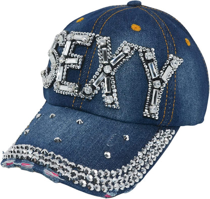 Sexy Baseball Hat for Women Rhinestone Hat, Bedazzled Bling Baseball Caps, Distressed Hat, Fancy Denim Bejeweled Hats