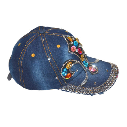 Popfizzy Womens Bling MC Fleur de Lis Baseball Cap, Blue, Cotton, NOLA Gift