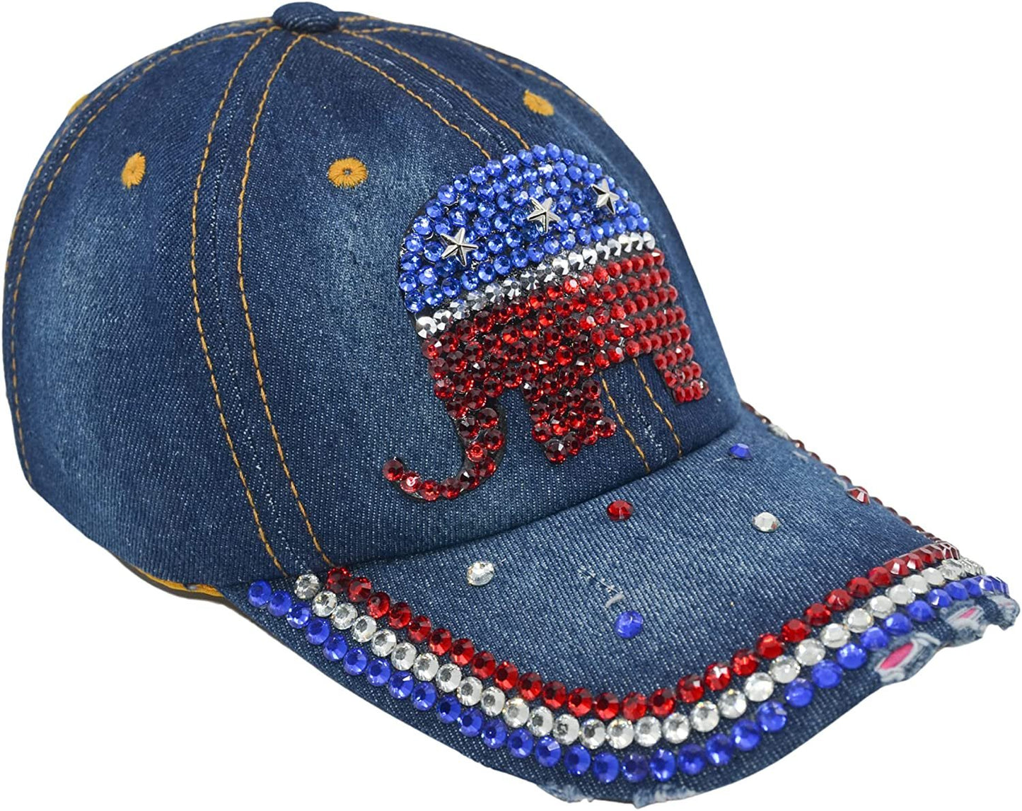 Republican Elephant Hat for Women Rhinestone Hat, Bedazzled Bling Baseball Caps, Distressed Hat, Fancy Denim Bejeweled Hats