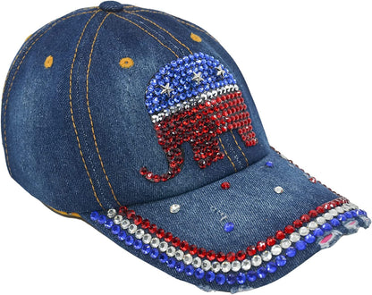 Republican Elephant Hat for Women Rhinestone Hat, Bedazzled Bling Baseball Caps, Distressed Hat, Fancy Denim Bejeweled Hats