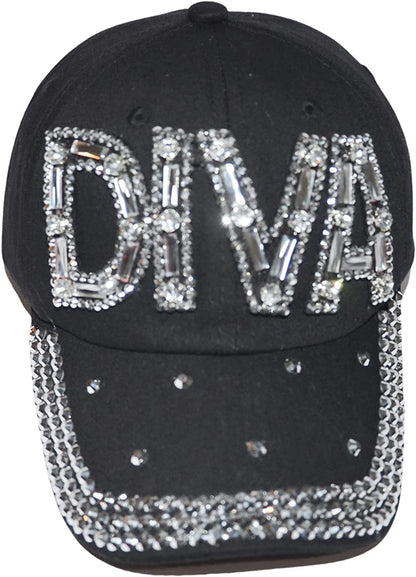 Popfizzy Women’s Rhinestone Diva Hat, Adult Bling Black Baseball Cap
