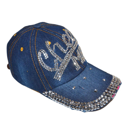Popfizzy Women’s Cheer Mom Hat, Bling Blue Denim Adult Baseball Hat