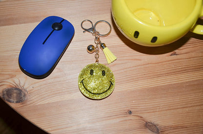Yellow Smiley Face Keychain, Rhinestone Happy Face Purse Charm, Bling Backpack Key Fob, Crystal Bag Charms