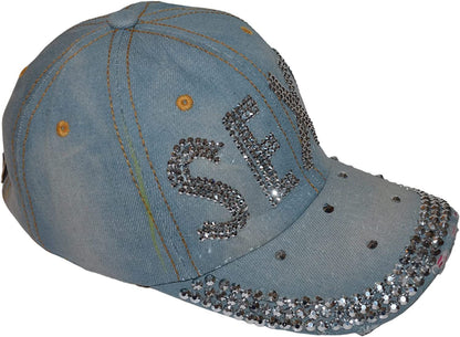 Popfizzy Womens Bling Cap, Rhinestone Baseball Cap, Bejeweled Distressed Denim Hat, Bling Gifts for Women