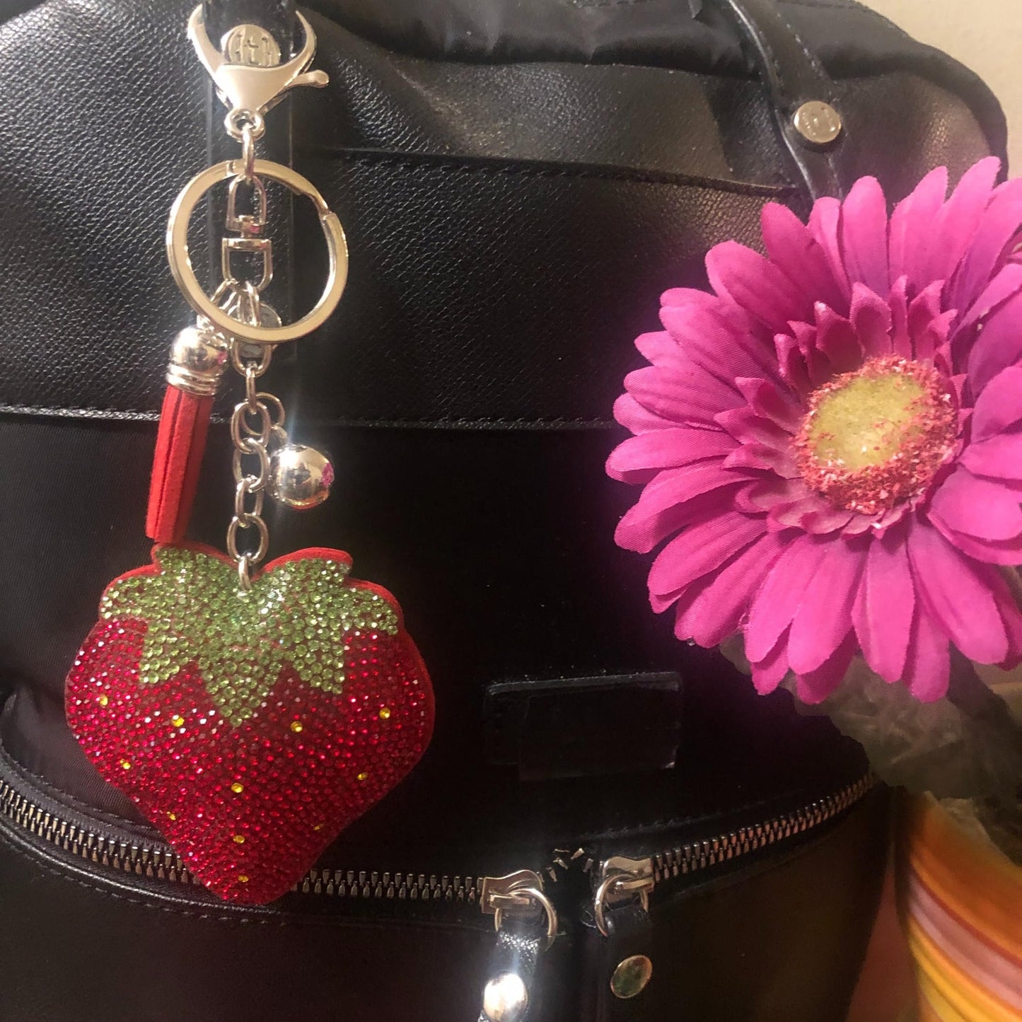Popfizzy Red Strawberry Keychain for Women and Girls, Bling Backpack Keyrings, Fun Purse Charm, Rhinestone Strawberry Gifts