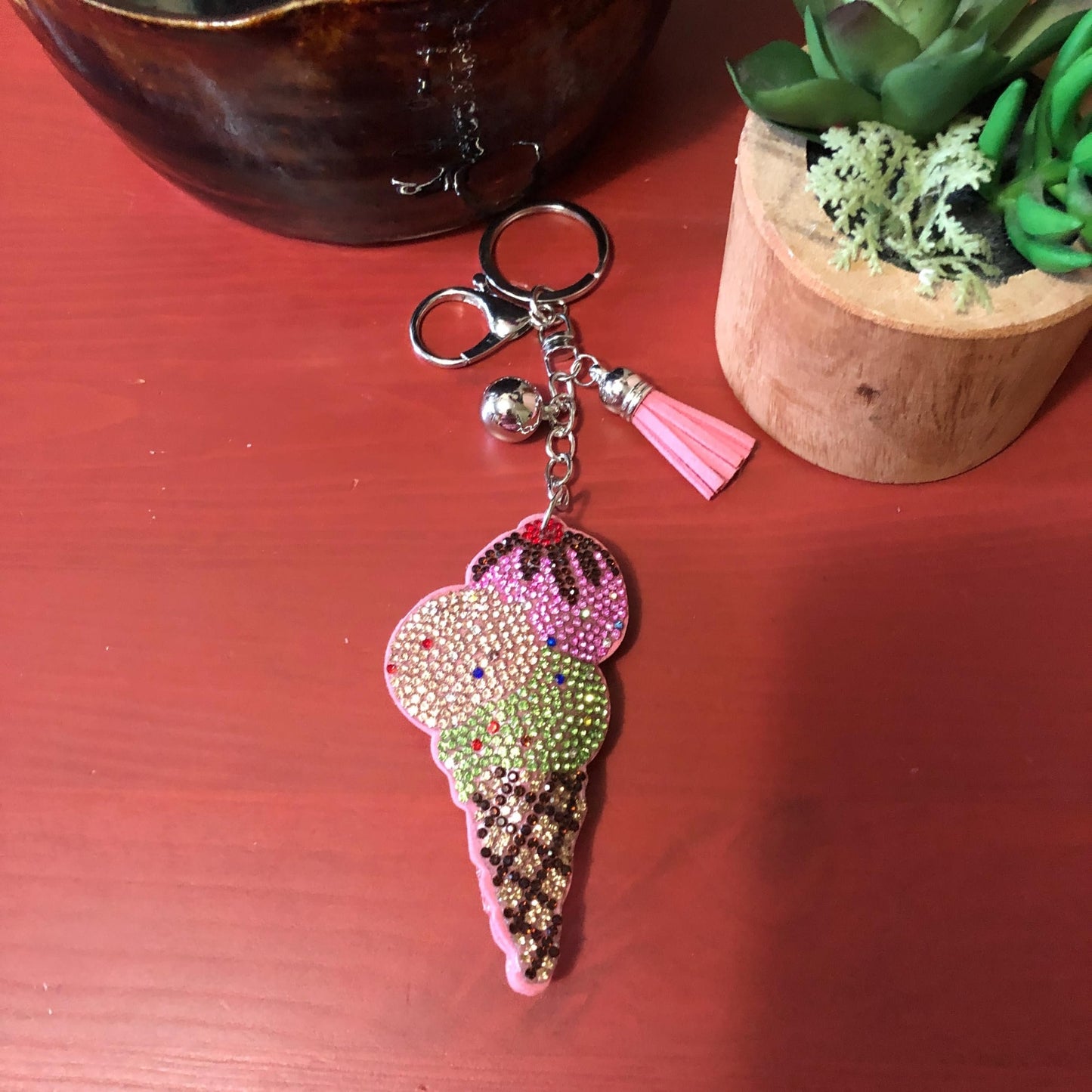 Popfizzy Rhinestone Ice Cream Keychain for Women and Girls, Ice Cream Cone Backpack Keychain, Bling Ice Cream Gifts for Women