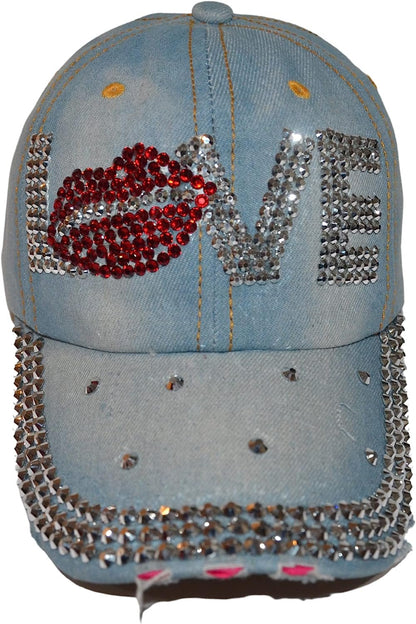Popfizzy Womens Bling Cap, Bejeweled Rhinestone Baseball Cap, Distressed Denim Hat for Women, Bling Gifts for Women