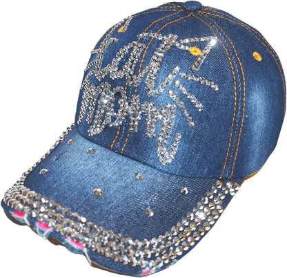 Popfizzy Women’s Cat Mom Hat, Bling Blue Denim Adult Baseball Hat