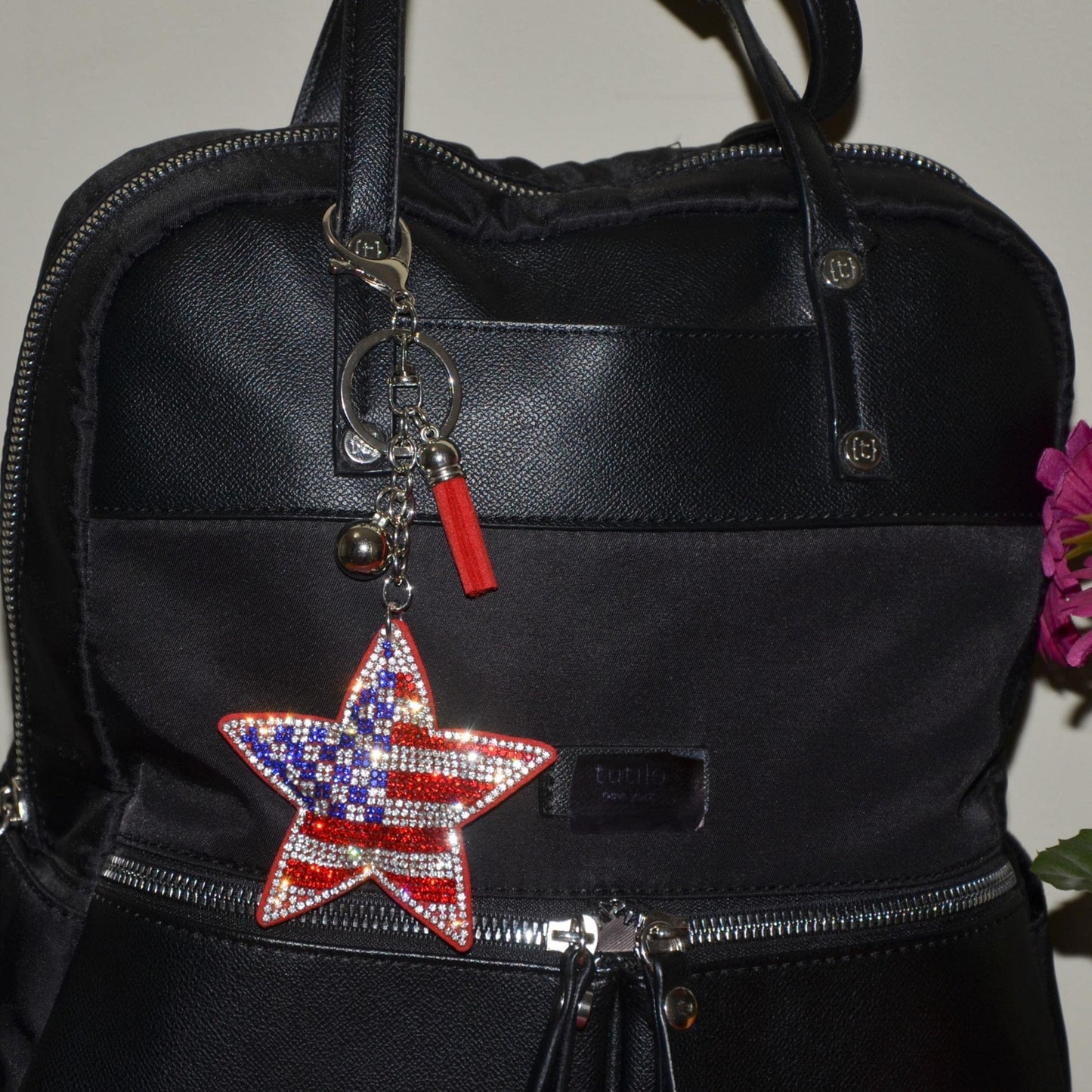 Popfizzy American Flag Star Keychain, Bling Patriotic Backpack Charm, Rhinestone Bag Charms, Keyring Key Fob