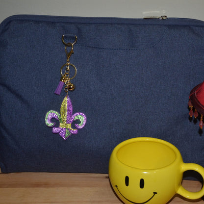 Popfizzy Mardi Gras Fleur De Lis Keychain, Bling Backpack Key Chain, Rhinestone Purse Charms, Crystal Key Fob