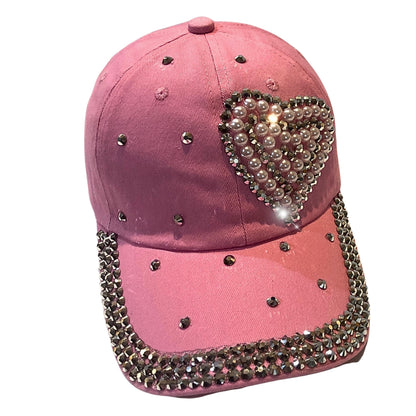 Popfizzy Pearl Heart Hat with Rhinestones for Women, Bling Heart Accessories, Bedazzled Baseball Cap, Bling Gifts for Women