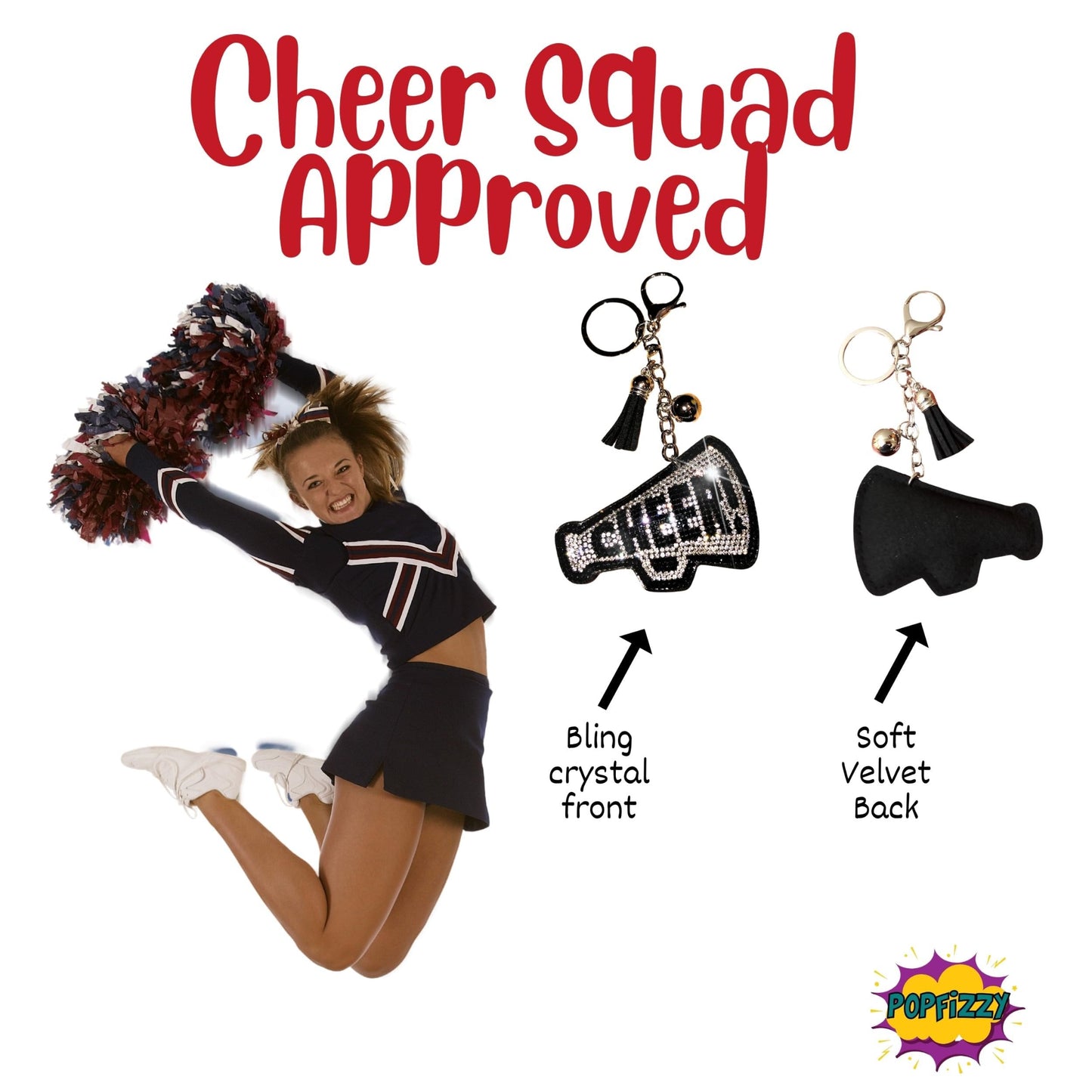 Popfizzy Silver Cheer Keychain for Girls and Women, Rhinestone Cheer Bag Charm, Cheerleader Gifts, Cheer Backpack Keyring