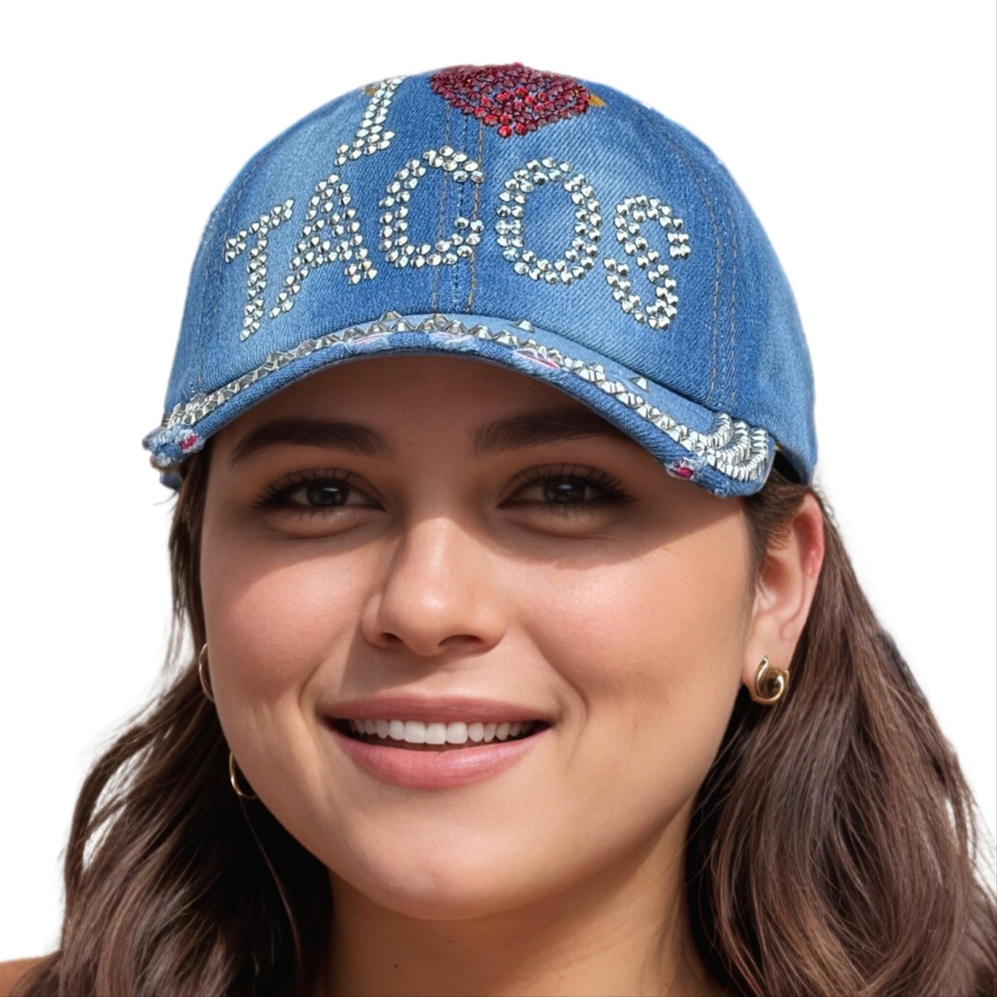 Popfizzy Tacos Hat for Women and Girls, Adult Bedazzled Rhinestone Blue Denim Hats, Bling Gifts for Taco Lovers, One Size