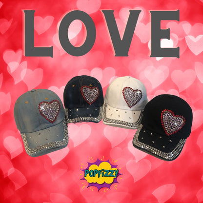 Popfizzy Heart Rhinestone Hat for Women, Trendy Bling Hats, Heart Accessories, Bedazzled Baseball Cap, Bling Gifts for Women