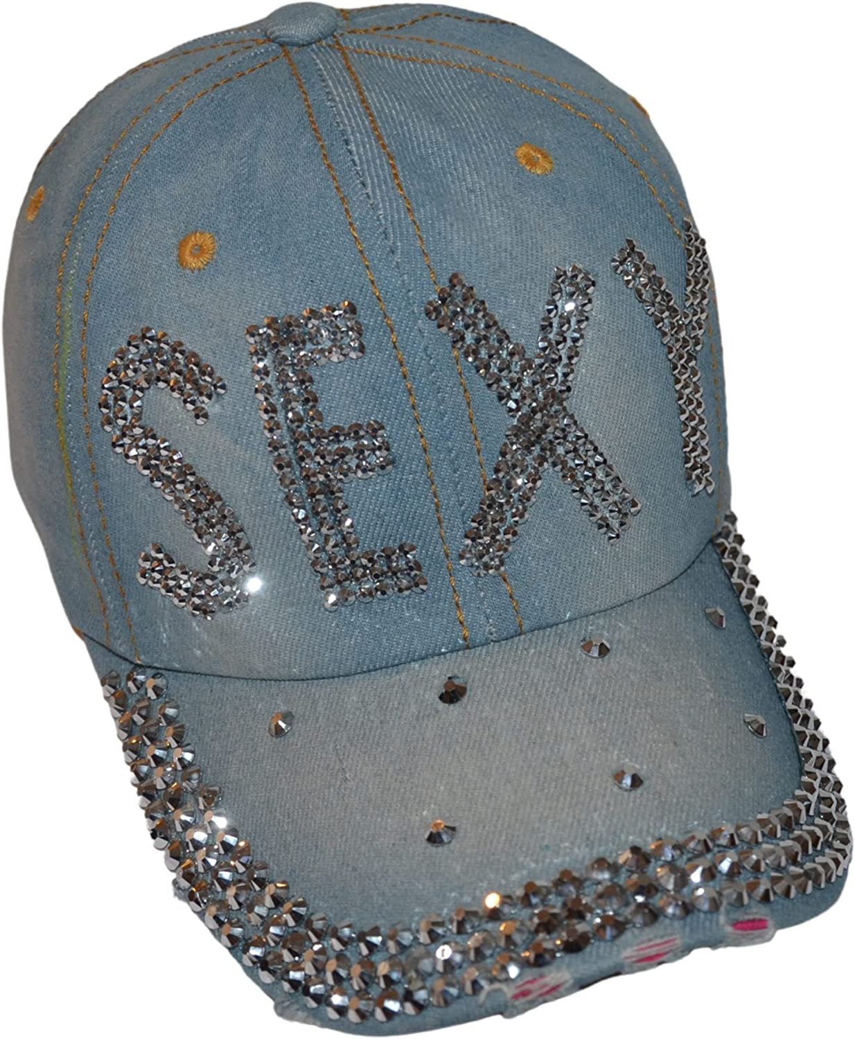 Popfizzy Womens Bling Cap, Rhinestone Baseball Cap, Bejeweled Distressed Denim Hat, Bling Gifts for Women
