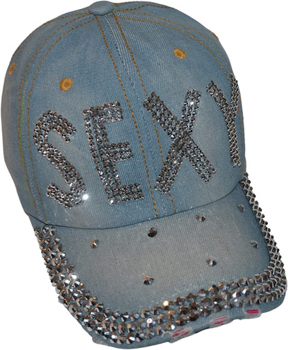 Popfizzy Womens Bling Cap, Rhinestone Baseball Cap, Bejeweled Distressed Denim Hat, Bling Gifts for Women
