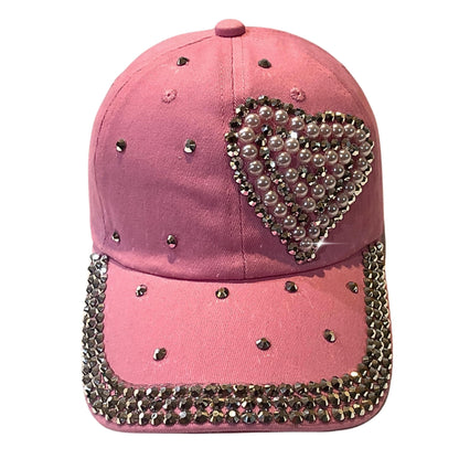Popfizzy Pearl Heart Hat with Rhinestones for Women, Bling Heart Accessories, Bedazzled Baseball Cap, Bling Gifts for Women