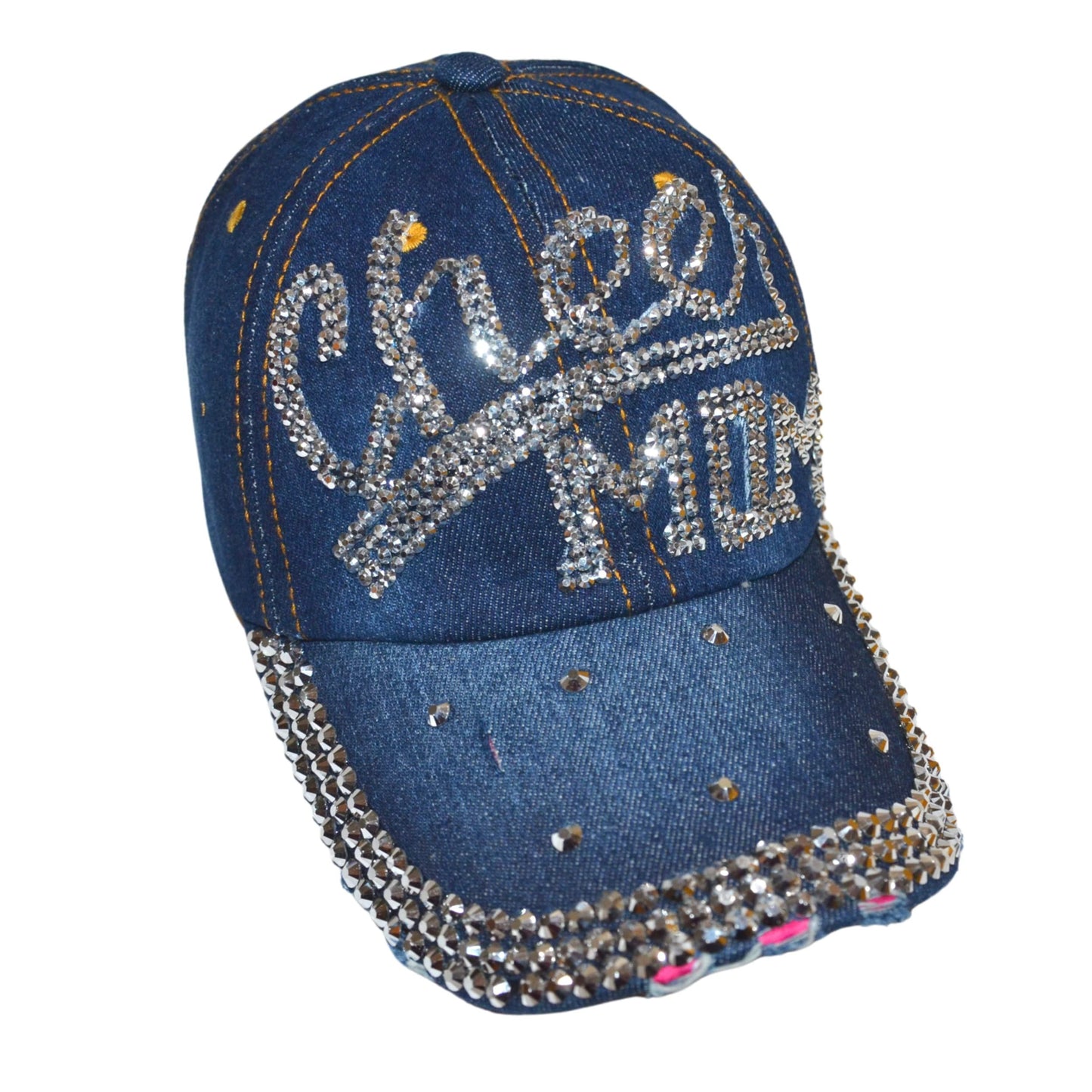 Popfizzy Women’s Cheer Mom Hat, Bling Blue Denim Adult Baseball Hat