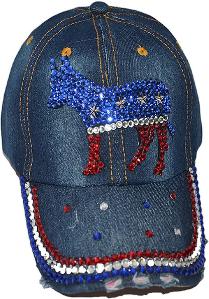 Democratic Donkey Hat for Women Distressed Rhinestone Bejeweled Cotton Baseball Hat Sparkle Bling Cap