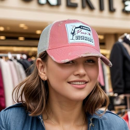 Popfizzy Funny Vintage Trucker Hats for Wine Drinkers, Adult Humor Caps, Distressed Baseball Cap (I Make Pour Decisions)