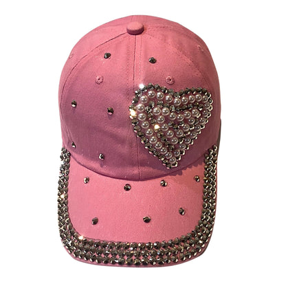 Popfizzy Pearl Heart Hat with Rhinestones for Women, Bling Heart Accessories, Bedazzled Baseball Cap, Bling Gifts for Women