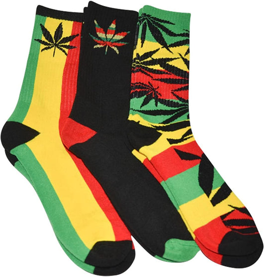 Weed Socks for Men and Women, Rasta Socks, Pot Leaf Socks, Cannabis Socks, Stoner Socks, Rasta Colors 3 Pairs, Unisex Socks Size 6-12.5
