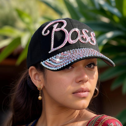 Popfizzy Rhinestone Boss Hat for Women, Bling Black Baseball Cap with Words, Female Boss Gift, Fancy Ballcap, One Size (Boss)