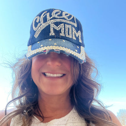 Popfizzy Women’s Cheer Mom Hat, Bling Blue Denim Adult Baseball Hat