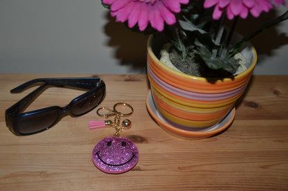 Pink Happy Face Keychains for Women Girls – Crystal Purse Charm – Backpack Charms