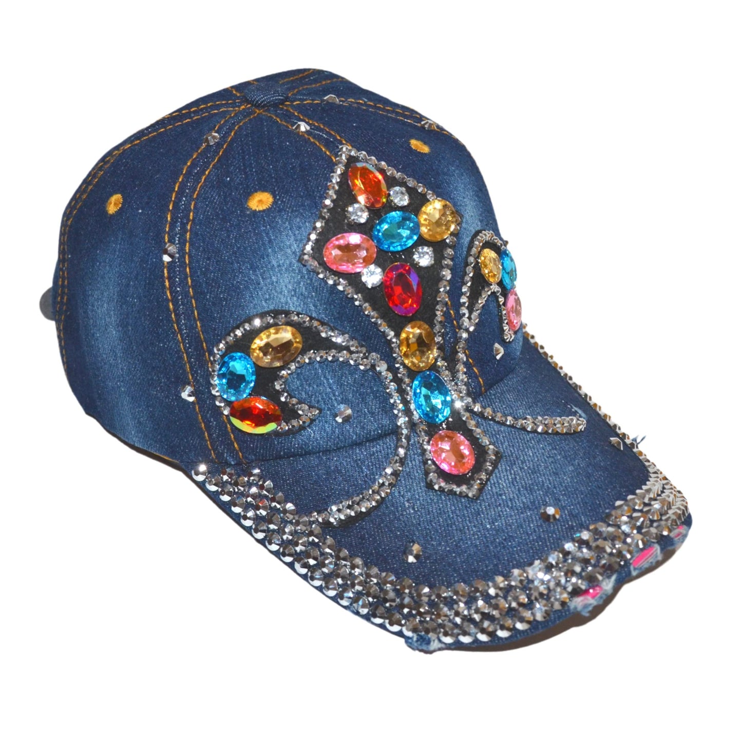 Popfizzy Womens Bling MC Fleur de Lis Baseball Cap, Blue, Cotton, NOLA Gift