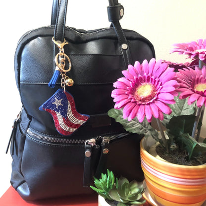 Popfizzy Bling Puerto Rico Flag Keychain for Women and Girls, Rhinestone Purse Charms for Handbags, Fun Puerto Rican Gifts