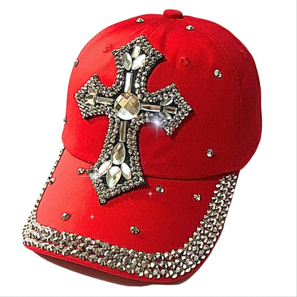 Popfizzy Bedazzled Cross Hat for Women, Rhinestone Hat with Cross on It, Bling Christian Hats, Bling Gifts for Women (Red)