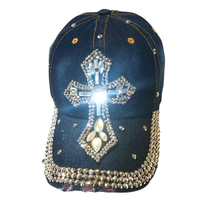 Popfizzy Bedazzled Cross Hat for Women, Rhinestone Hat with Cross on It, Bling Christian Hats, Bling Gifts for Women (Denim)