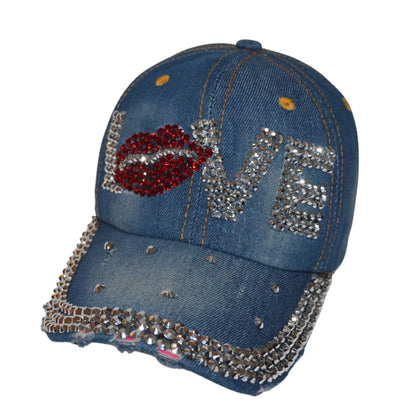 Popfizzy Bling Love Cap for Women, Rhinestone Love Hat, Bedazzled Baseball Caps, Distressed Denim Hats, Fancy Bejeweled Hats, Bling Gifts for Women