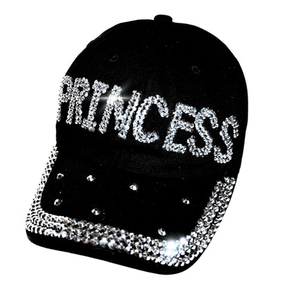 Popfizzy Rhinestone Princess Baseball Cap for Women and Girls, Bling Gift for Princess, Cute Black Bedazzled Hats (Princess)