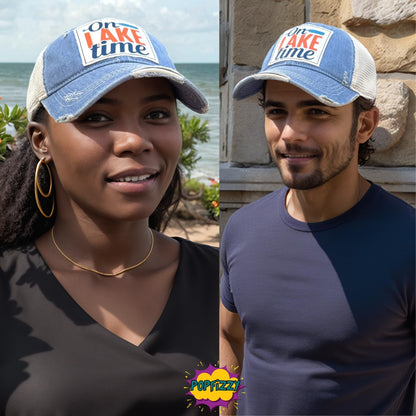 Popfizzy On Lake Time Hat, Funny Vintage Trucker Hat, Mesh Back Baseball Cap, Lake Life Gifts for Women and Men (Light Blue)