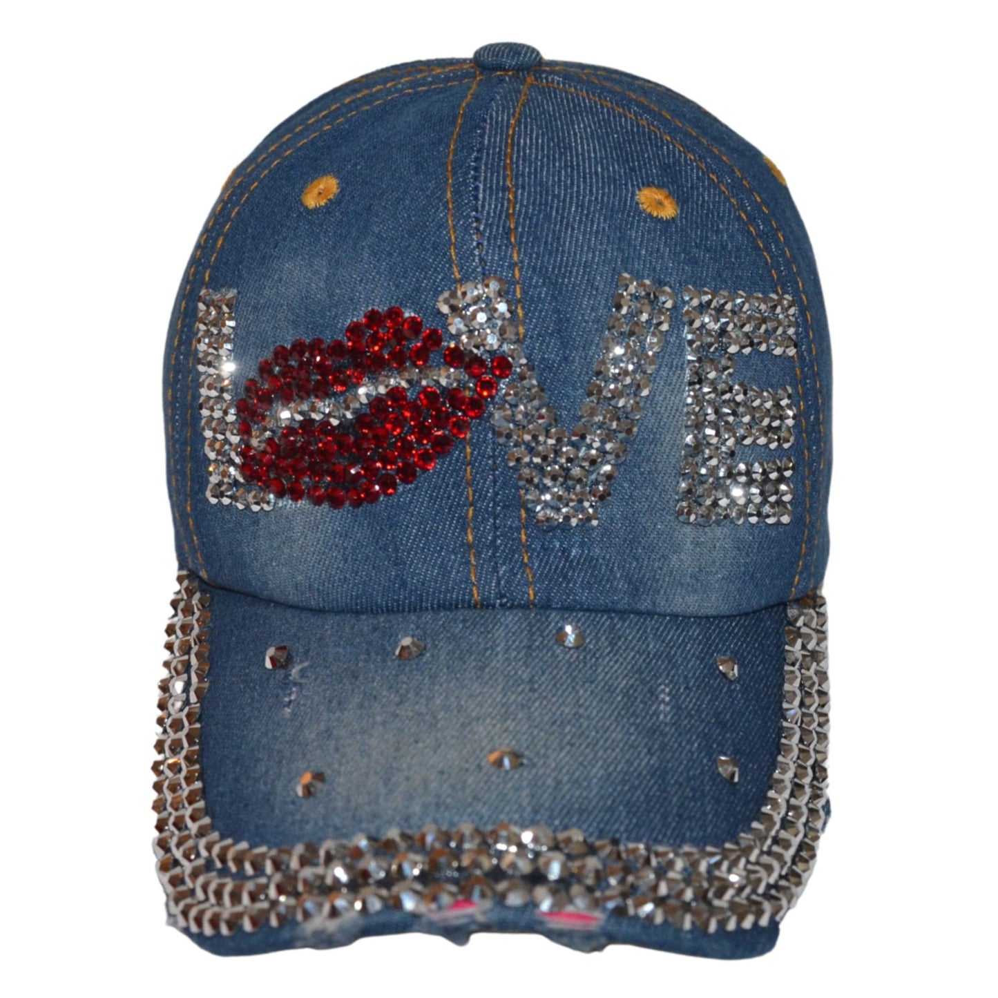 Popfizzy Bling Love Cap for Women, Rhinestone Love Hat, Bedazzled Baseball Caps, Distressed Denim Hats, Fancy Bejeweled Hats, Bling Gifts for Women