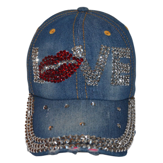 Popfizzy Bling Love Cap for Women, Rhinestone Love Hat, Bedazzled Baseball Caps, Distressed Denim Hats, Fancy Bejeweled Hats, Bling Gifts for Women