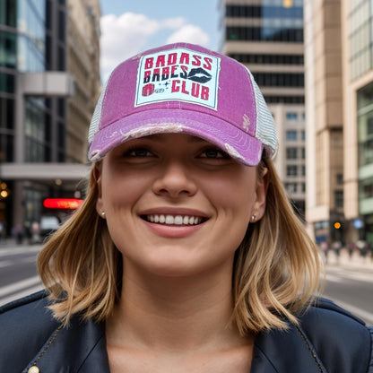 Popfizzy Badass Babes Club Funny Vintage Trucker Hats for Women, Adult Humor Cap, Distressed Baseball Cap (Badass Babes Club)