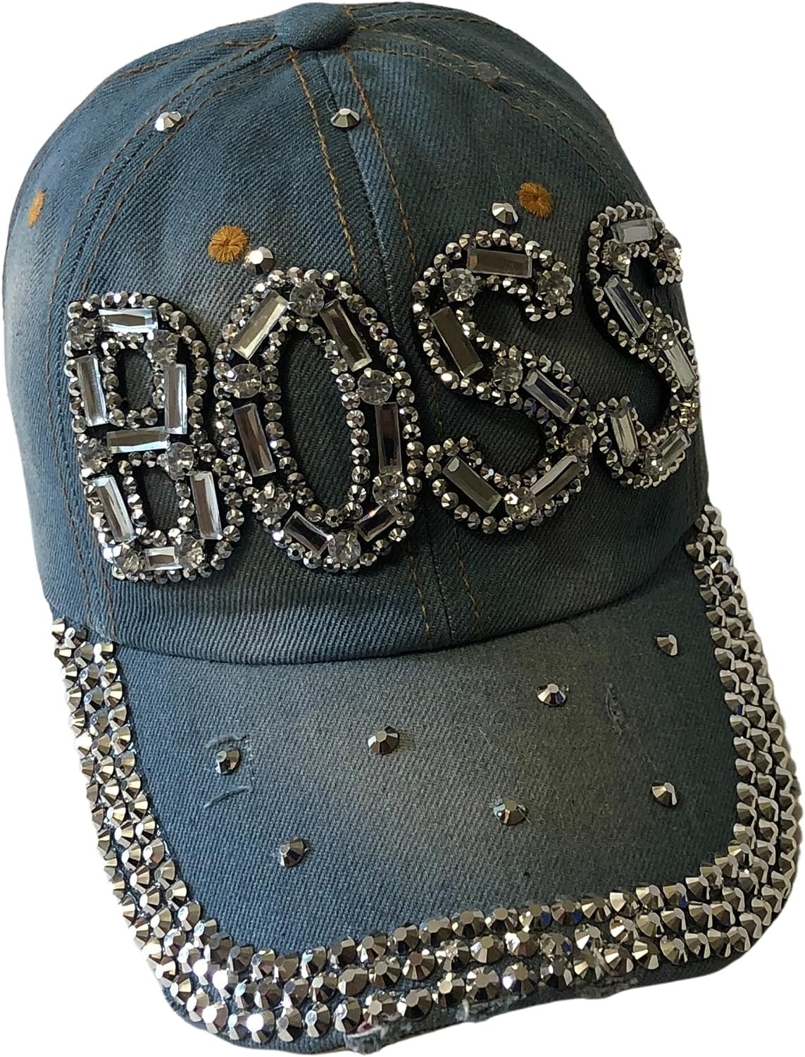 Popfizzy Bling Light Blue Denim Boss Baseball Cap for Women, Best Boss Gifts for Women, Rhinestone Boss Hat, Gifts for Boss Women